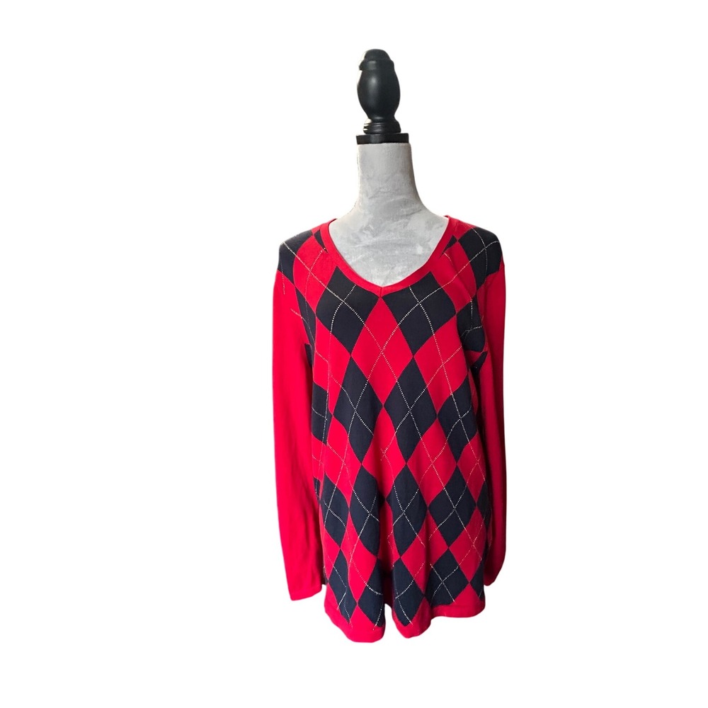 Tommy Hilfiger Argyle V Neck Sweater Long Sleeve XL Extra Large‎ Red Black